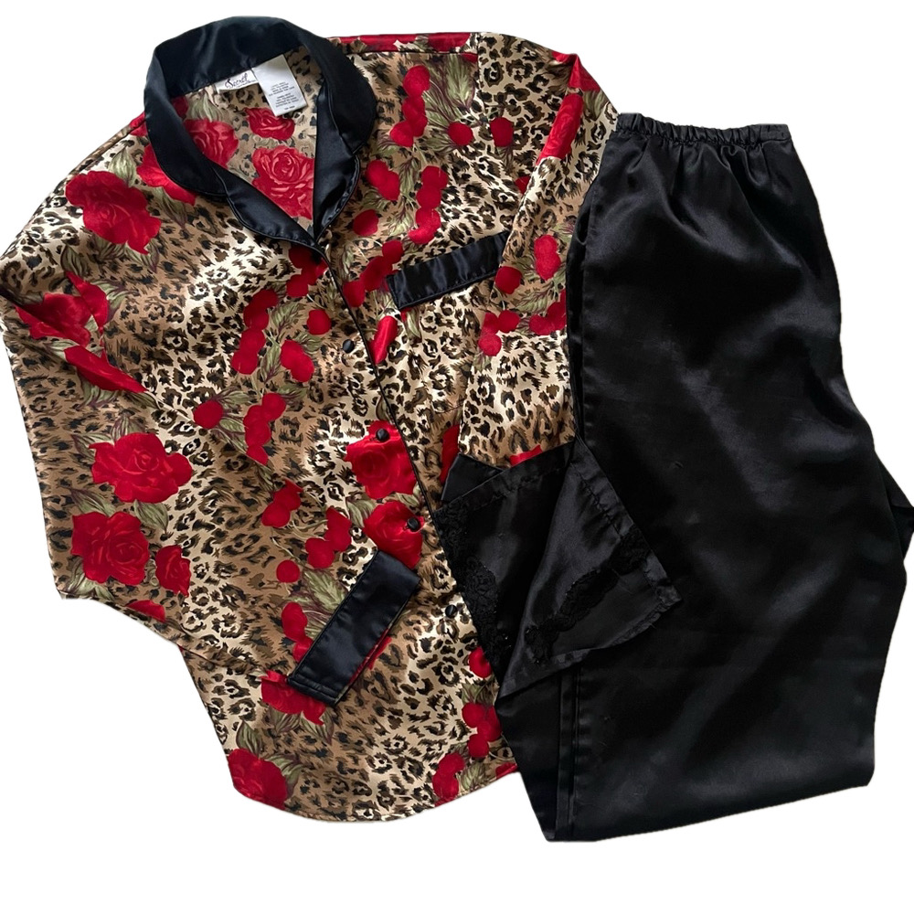 Vintage Satin Secret Treasures Pajama Set Black Brown Leopard Print Roses